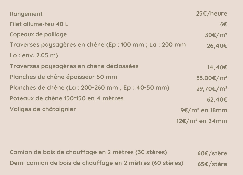 Tarifs des produits et services de vente de bois